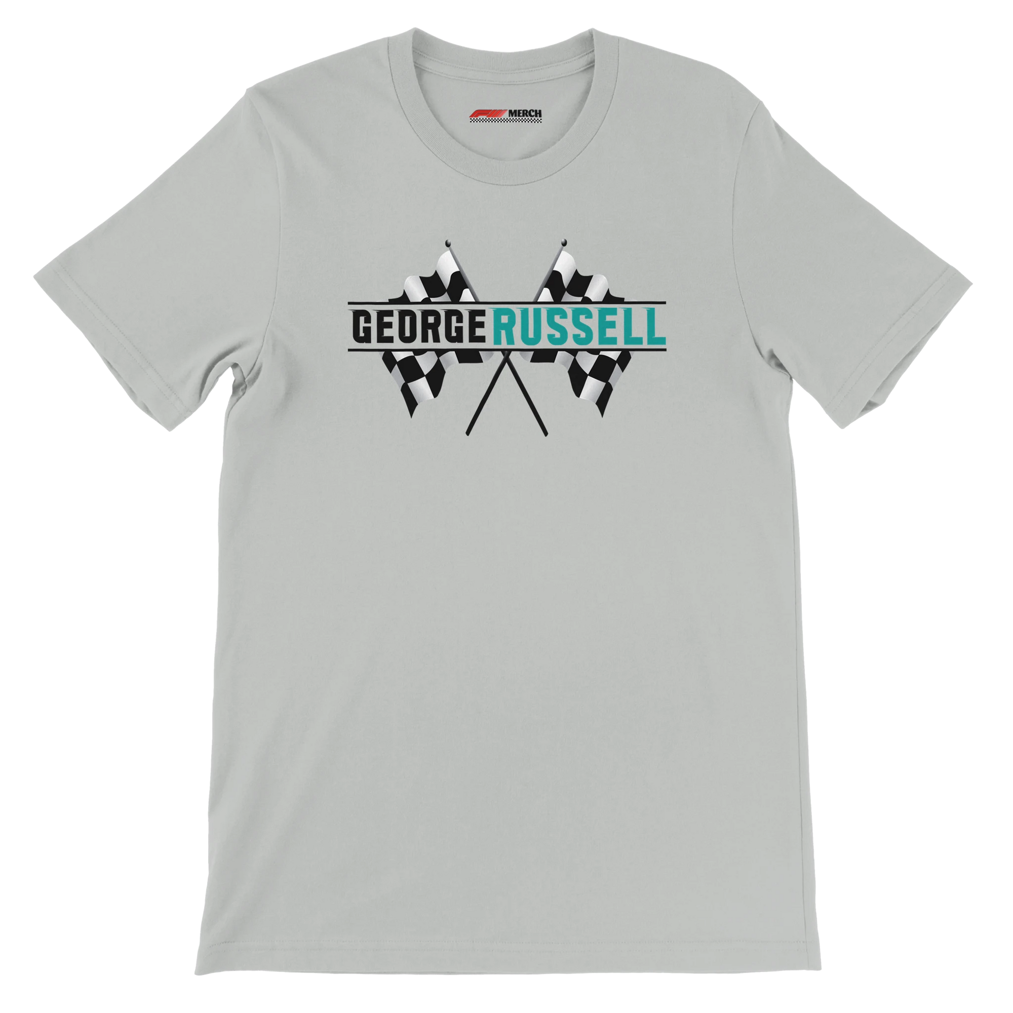 f111 merch silver color t-shirt1 with george-russell branding.
