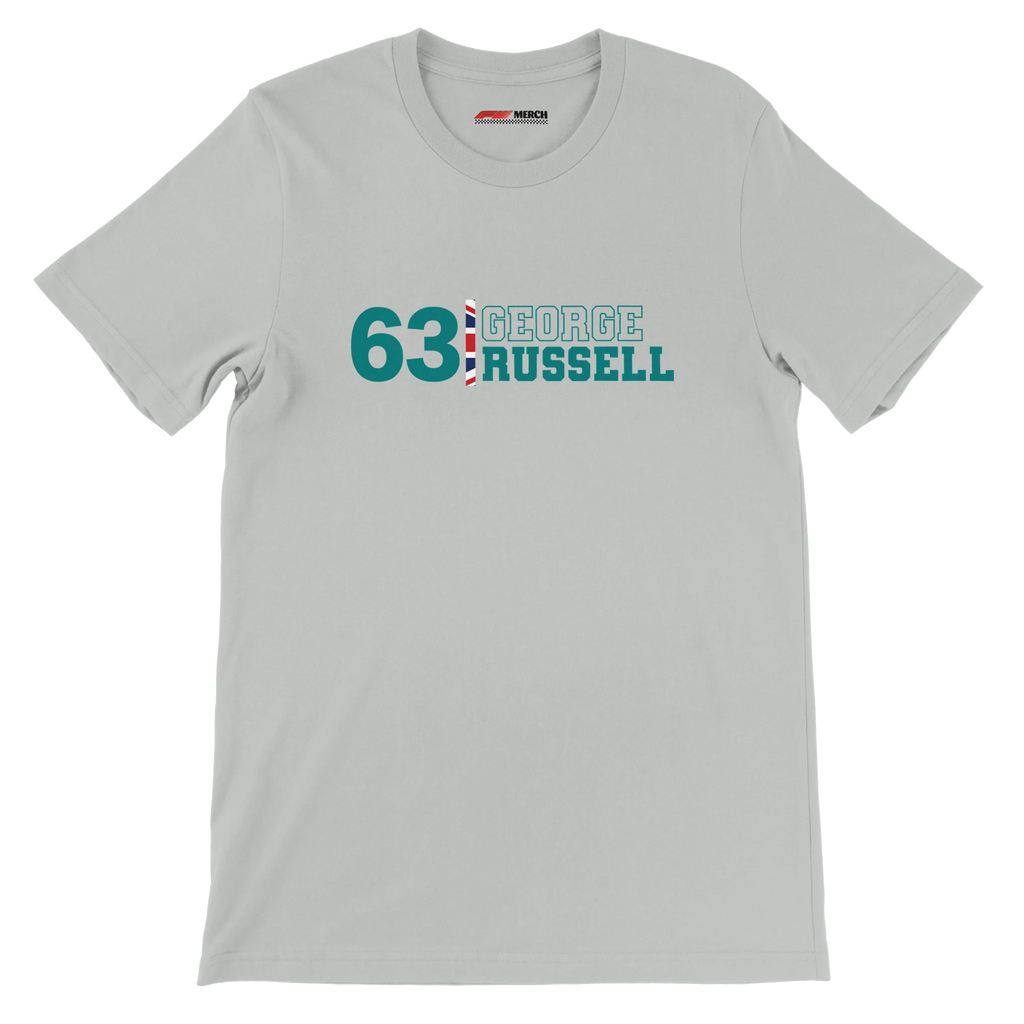 f111 merch silver color t-shirt1 with george-russell branding.