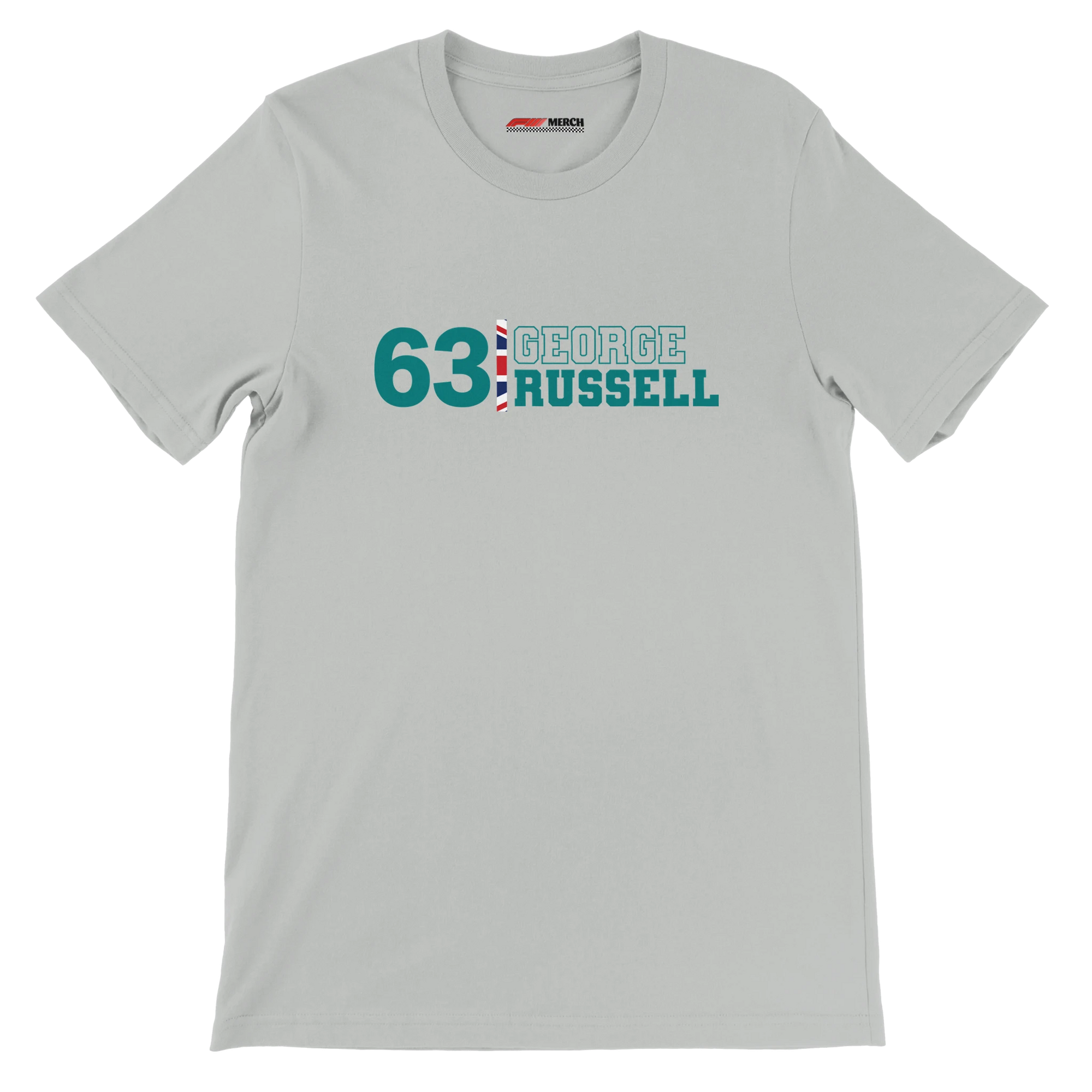 f111 merch silver color t-shirt1 with george-russell branding.