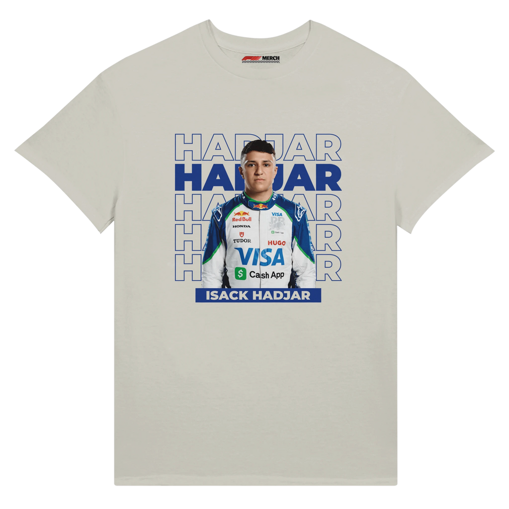 f111 merch silver color t-shirt1 with isack-hadjar branding.