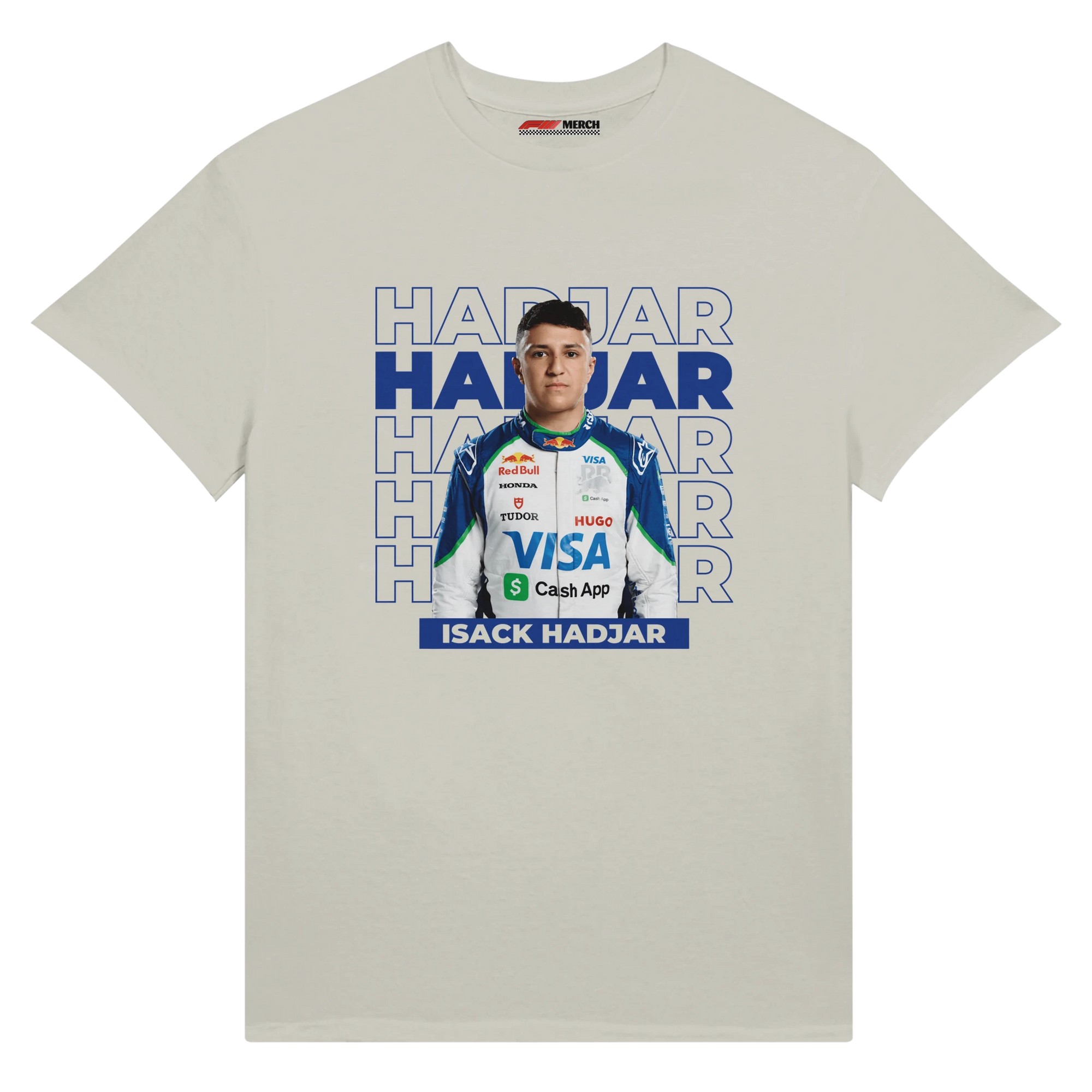 f111 merch silver color t-shirt1 with isack-hadjar branding.