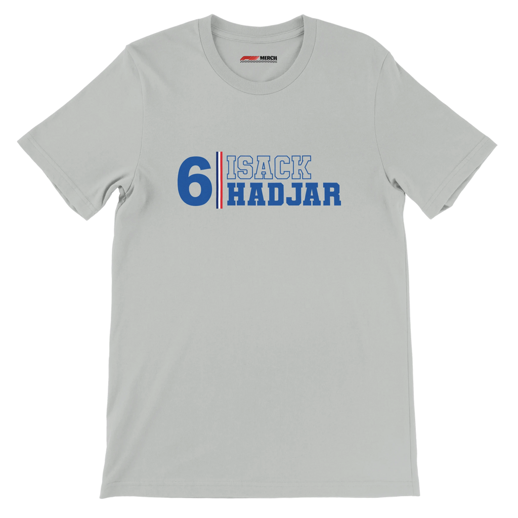 f111 merch silver color t-shirt1 with isack-hadjar branding.