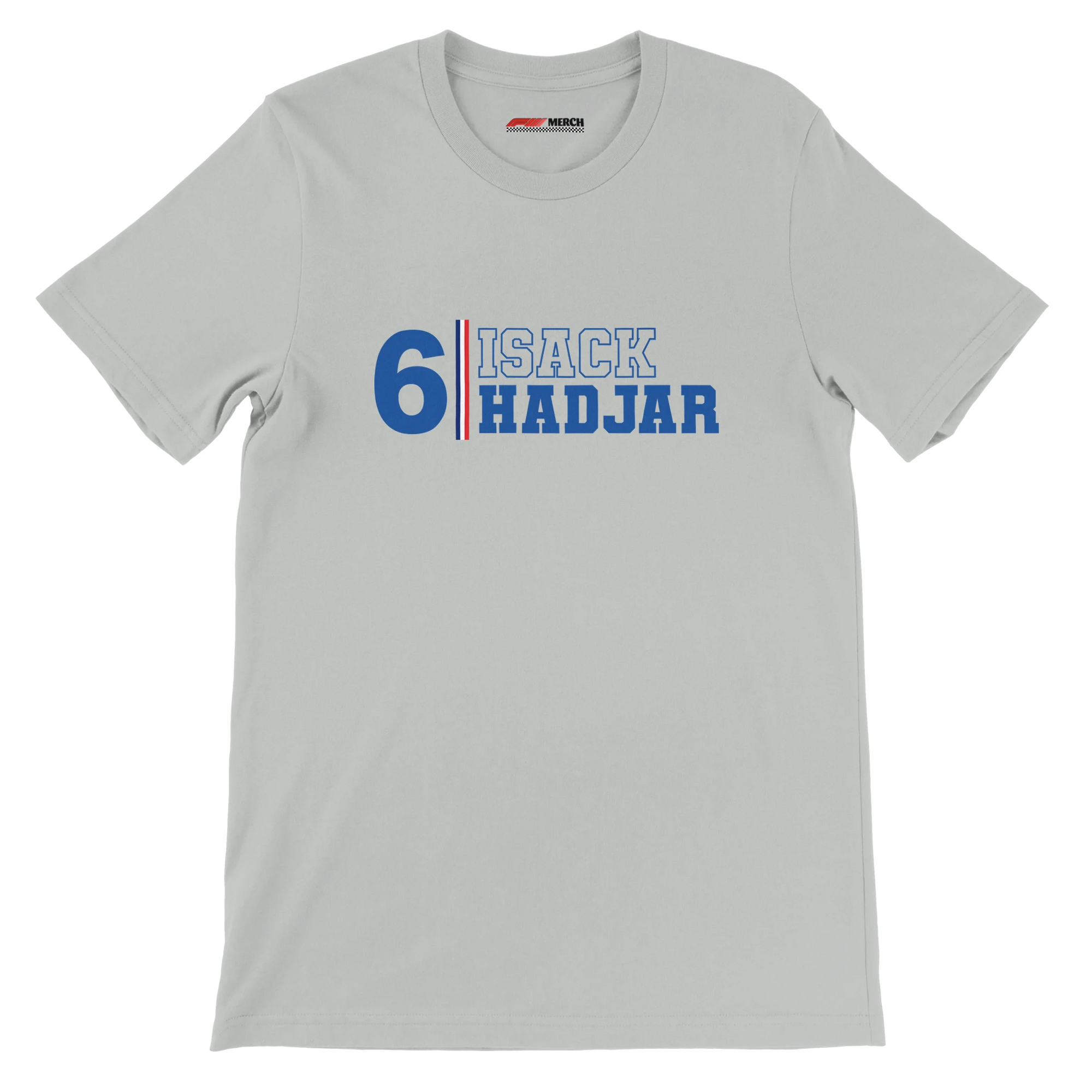 f111 merch silver color t-shirt1 with isack-hadjar branding.