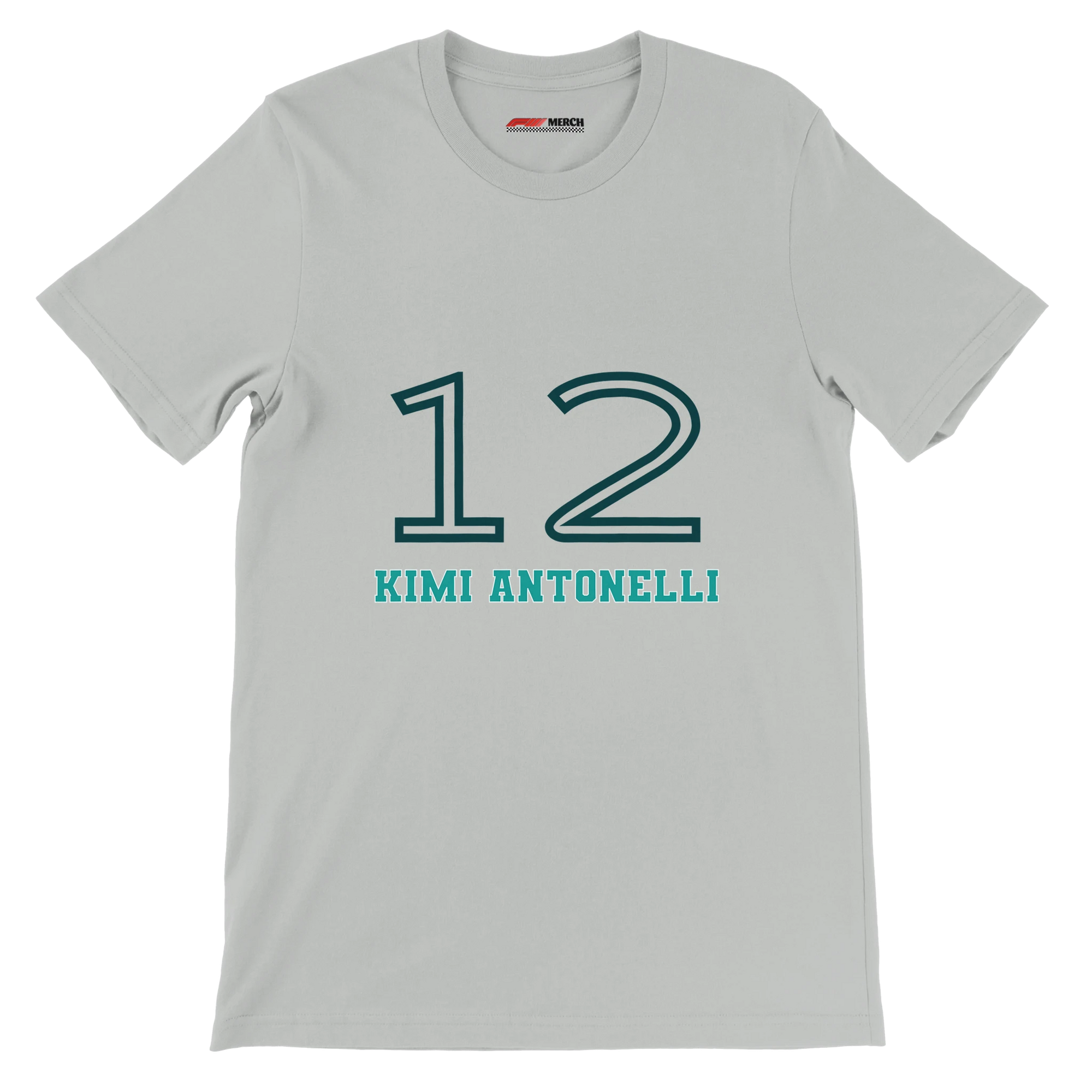 f111 merch silver color t-shirt1 with kimi-antonelli branding.