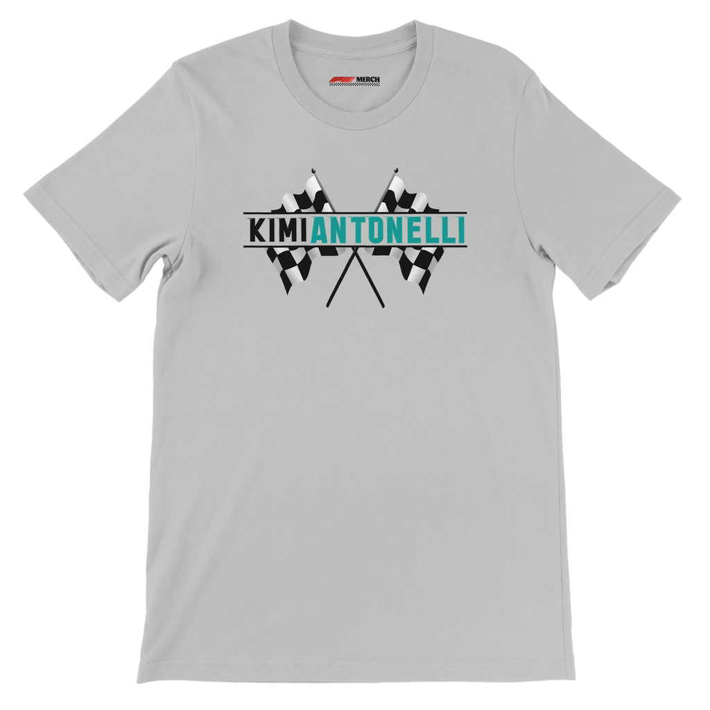 f111 merch silver color t-shirt1 with kimi-antonelli branding.
