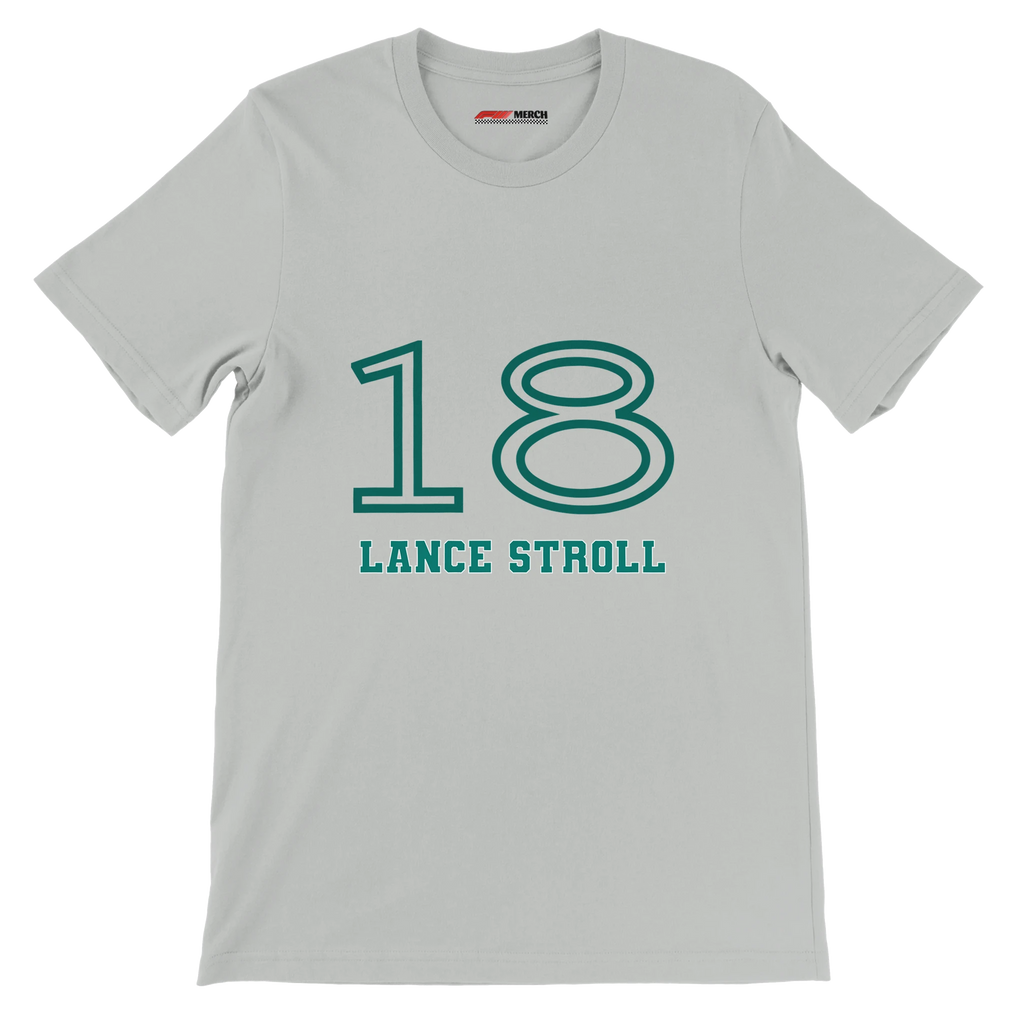 f111 merch silver color t-shirt1 with lance-stroll branding.