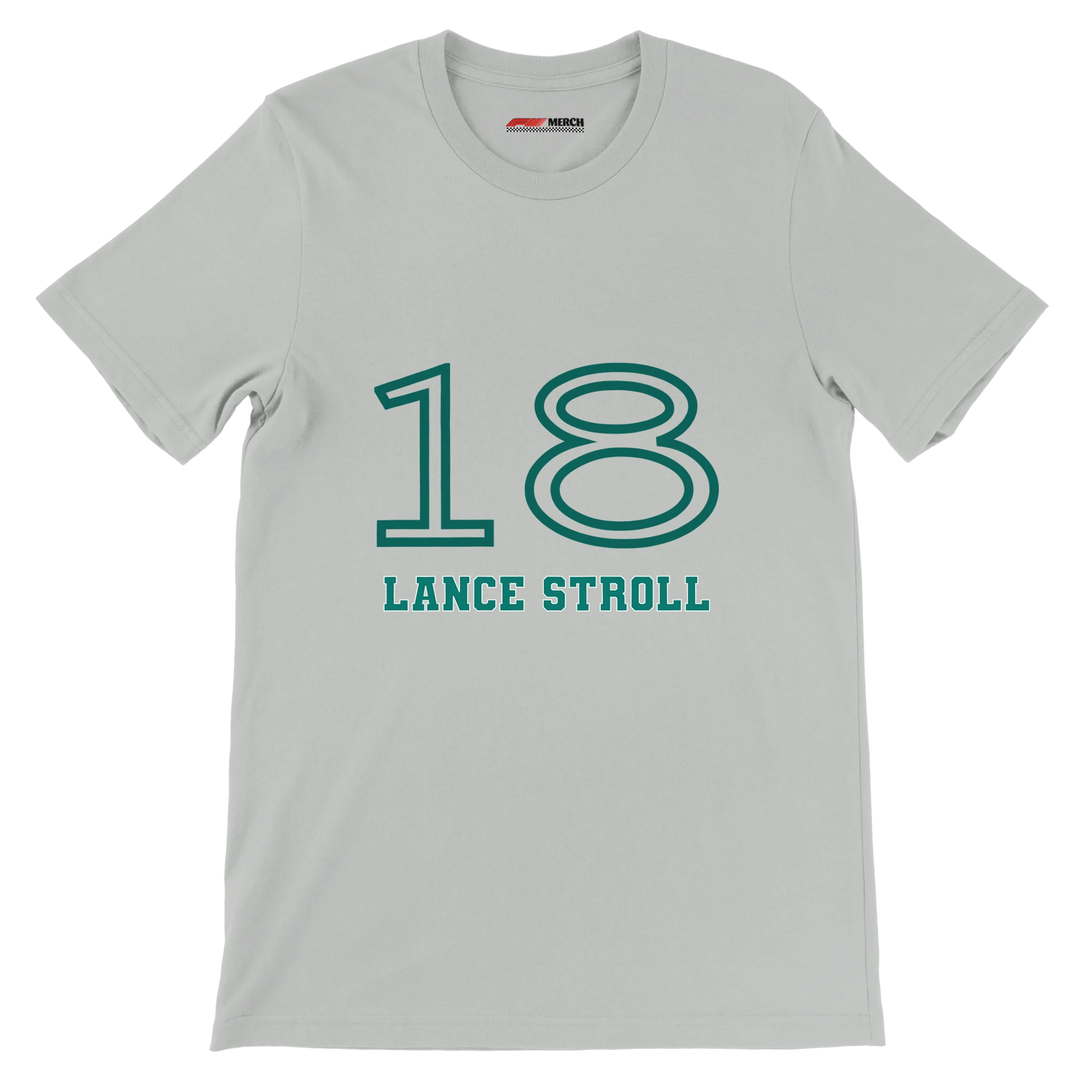 f111 merch silver color t-shirt1 with lance-stroll branding.