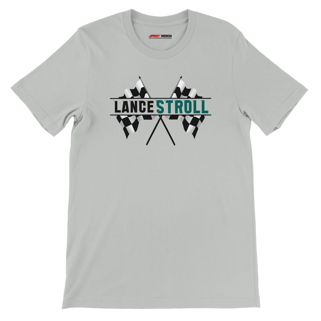 f111 merch silver color t-shirt1 with lance-stroll branding.