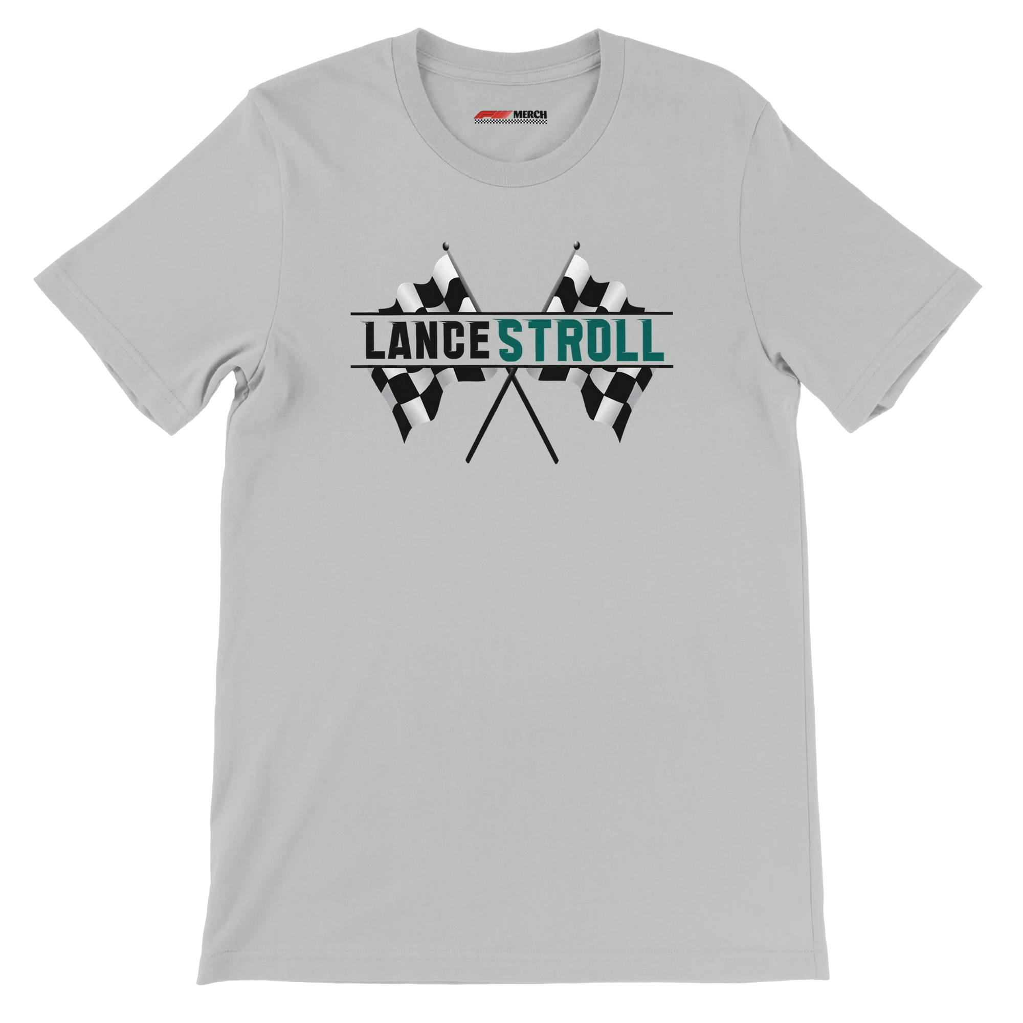 f111 merch silver color t-shirt1 with lance-stroll branding.
