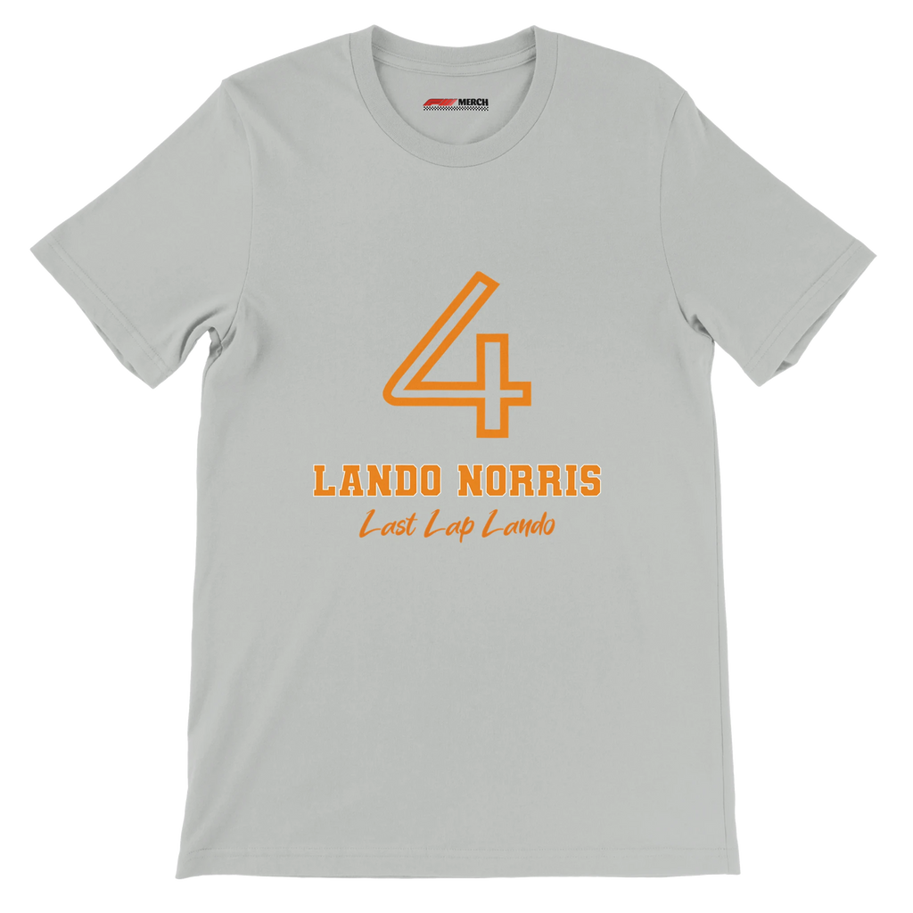 f111 merch silver color t-shirt1 with lando-norris branding.