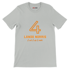 f111 merch silver color t-shirt1 with lando-norris branding.