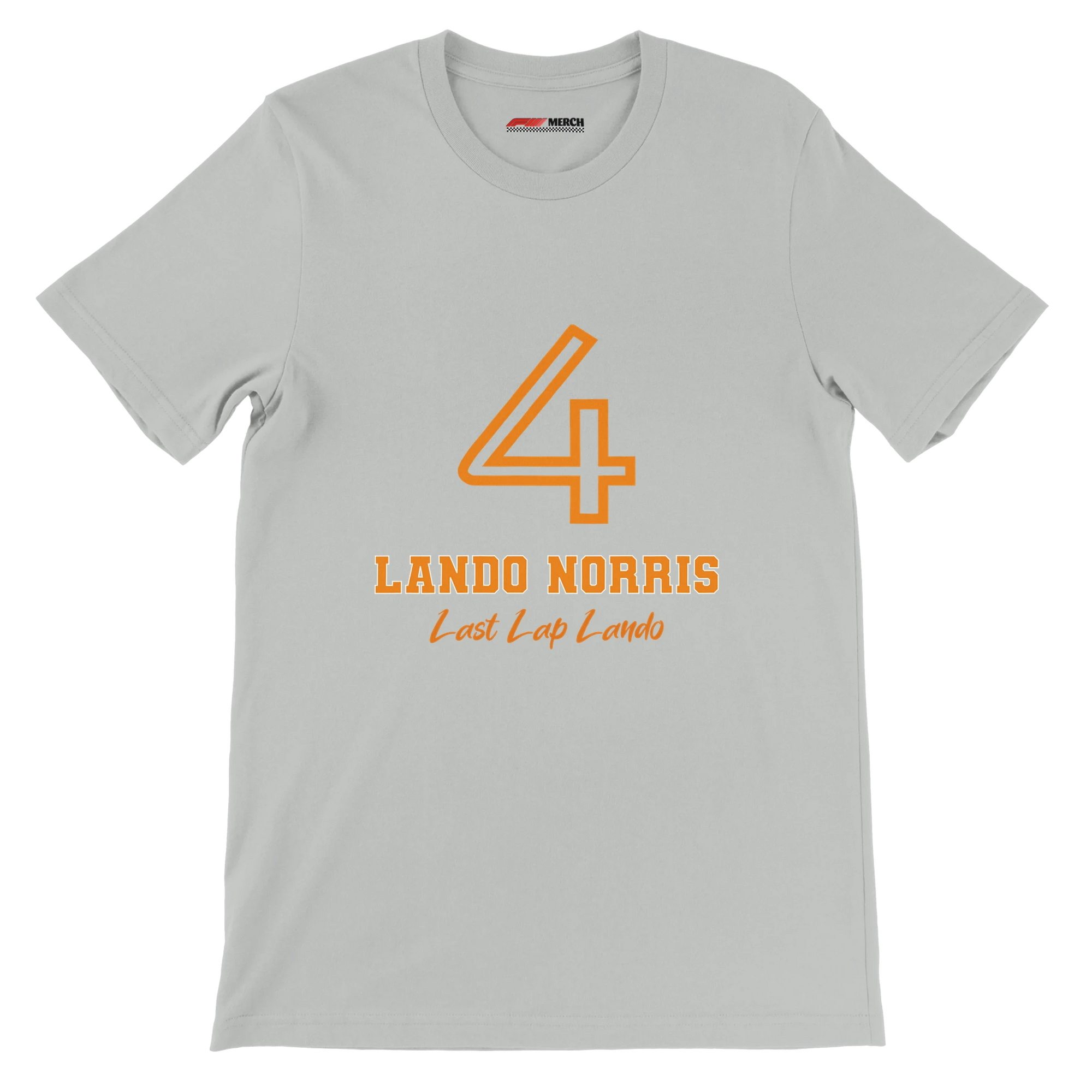 f111 merch silver color t-shirt1 with lando-norris branding.