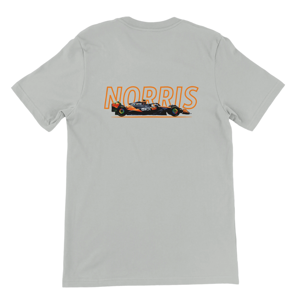 f111 merch silver color t-shirt1 with lando-norris branding.