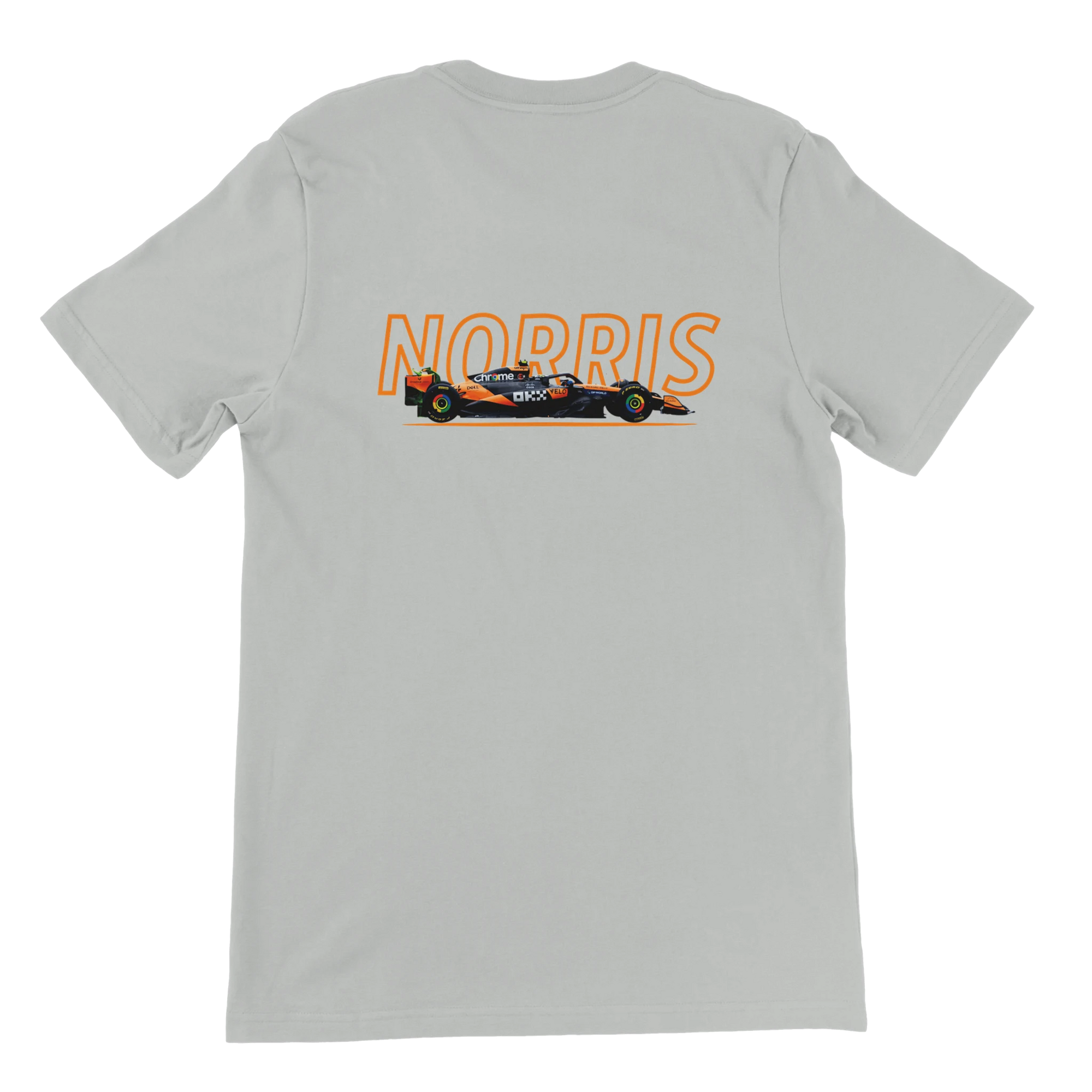 f111 merch silver color t-shirt1 with lando-norris branding.