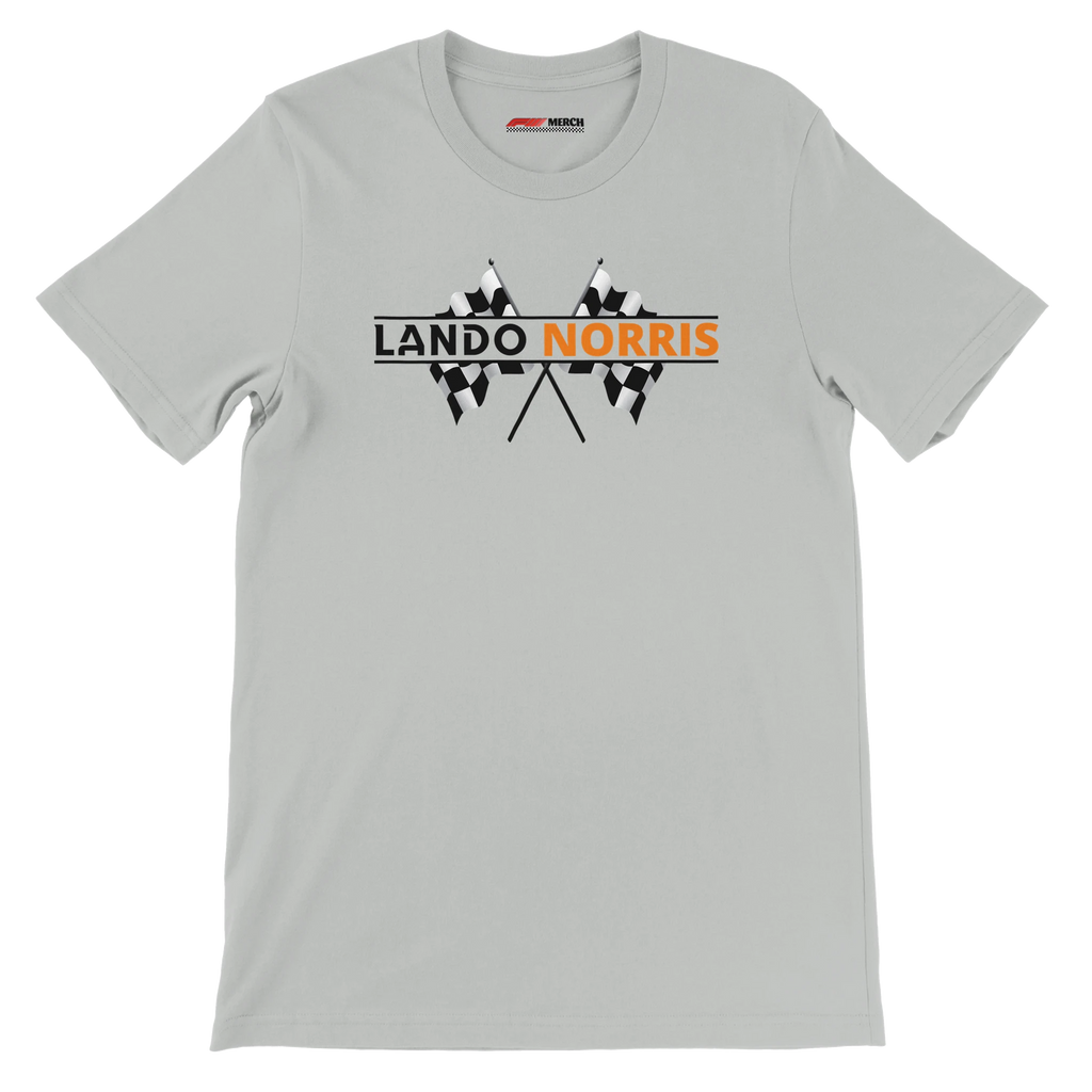 f111 merch silver color t-shirt1 with lando-norris branding.