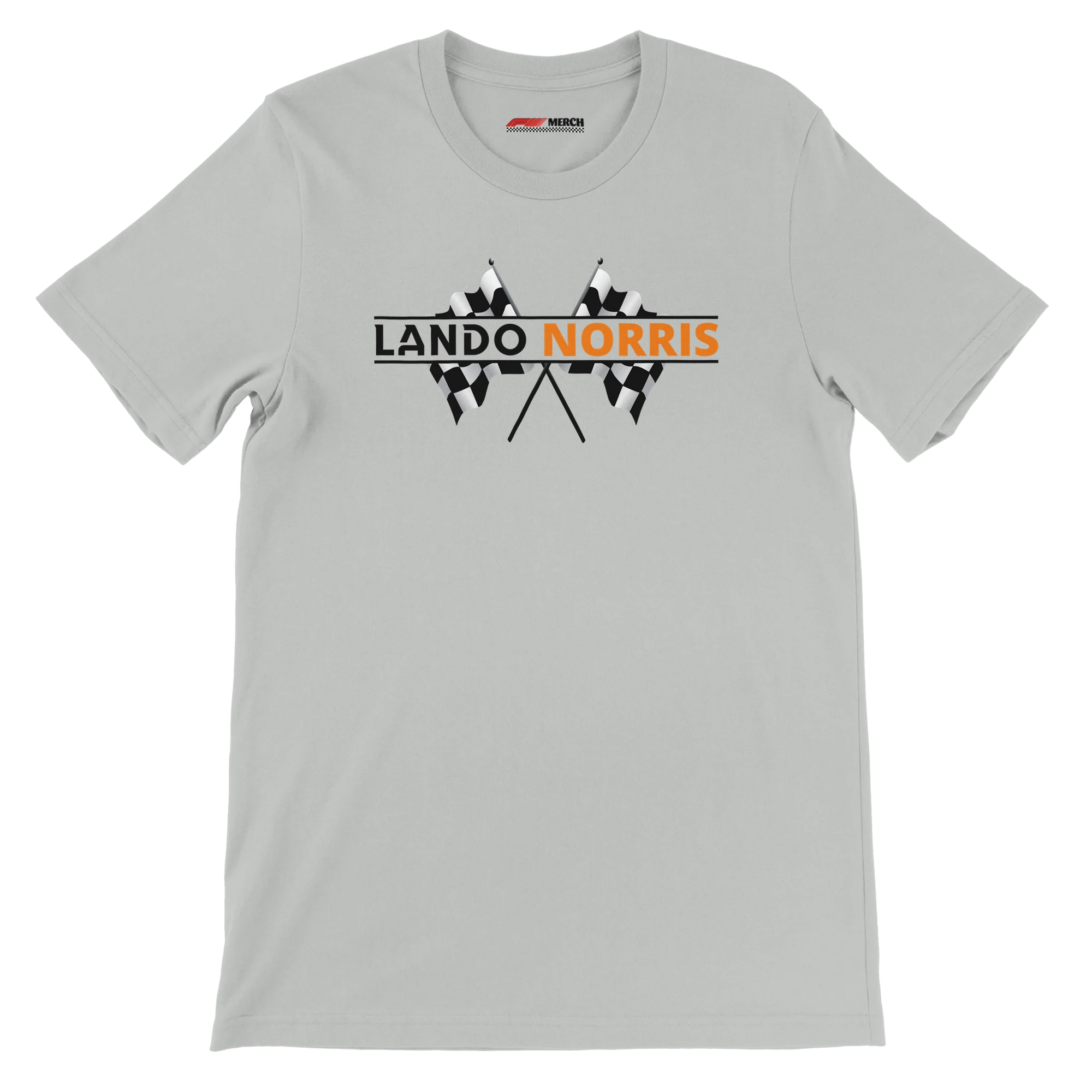 f111 merch silver color t-shirt1 with lando-norris branding.