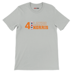 f111 merch silver color t-shirt1 with lando-norris branding.