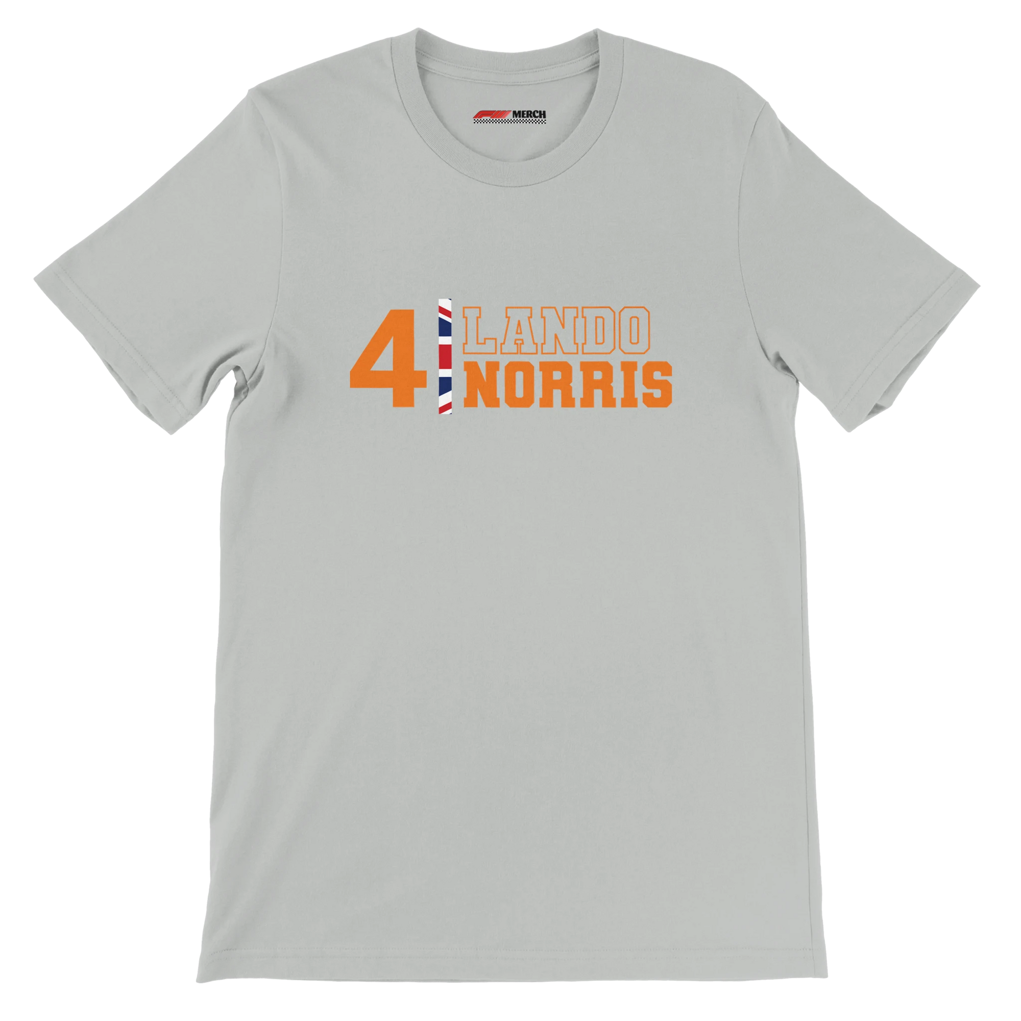 f111 merch silver color t-shirt1 with lando-norris branding.