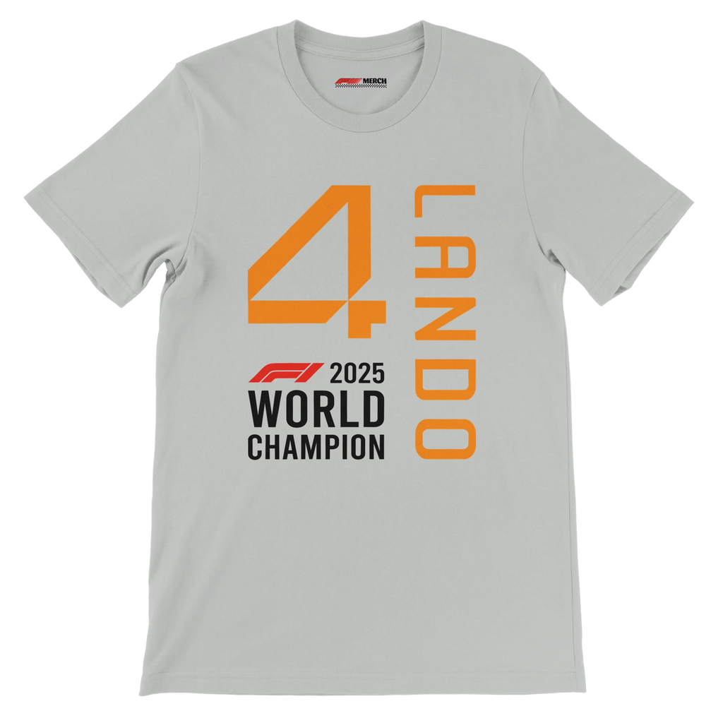 f111 merch silver color t-shirt1 with lando-norris branding.