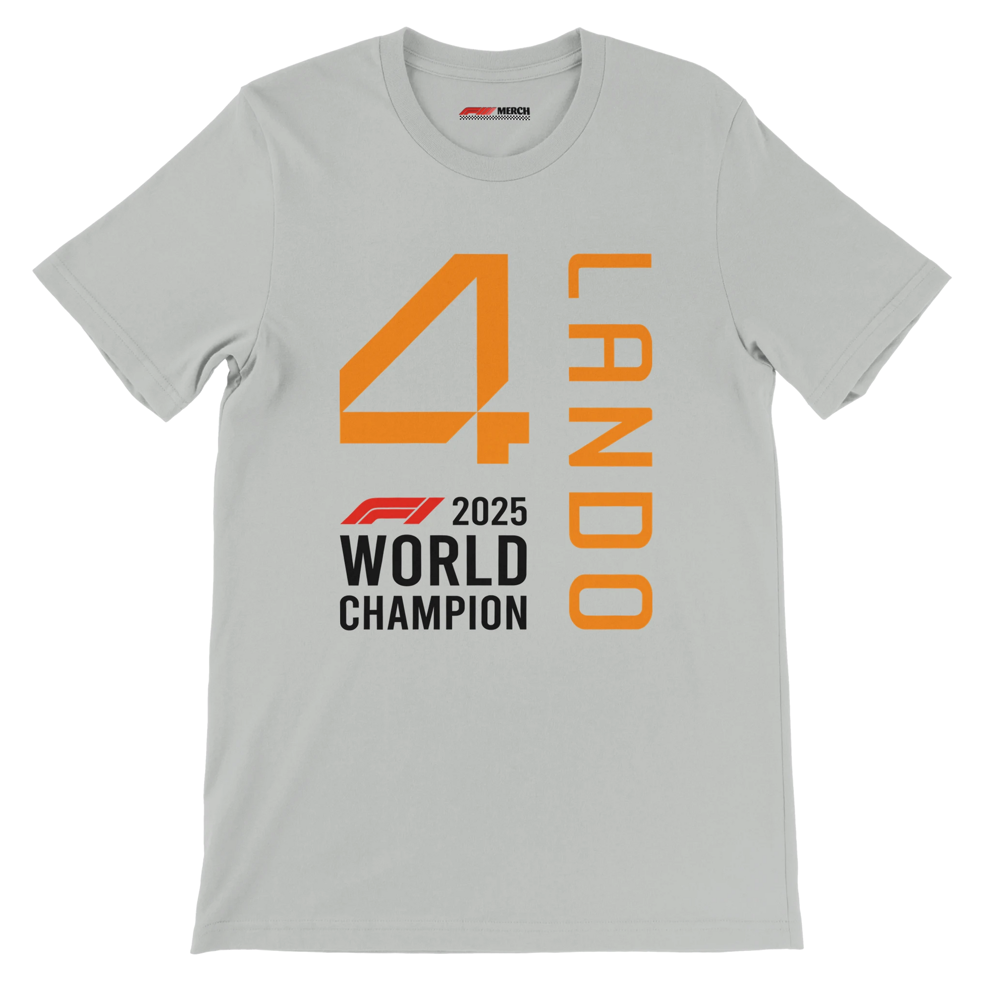 f111 merch silver color t-shirt1 with lando-norris branding.