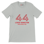 f111 merch silver color t-shirt1 with lewis-hamilton branding.