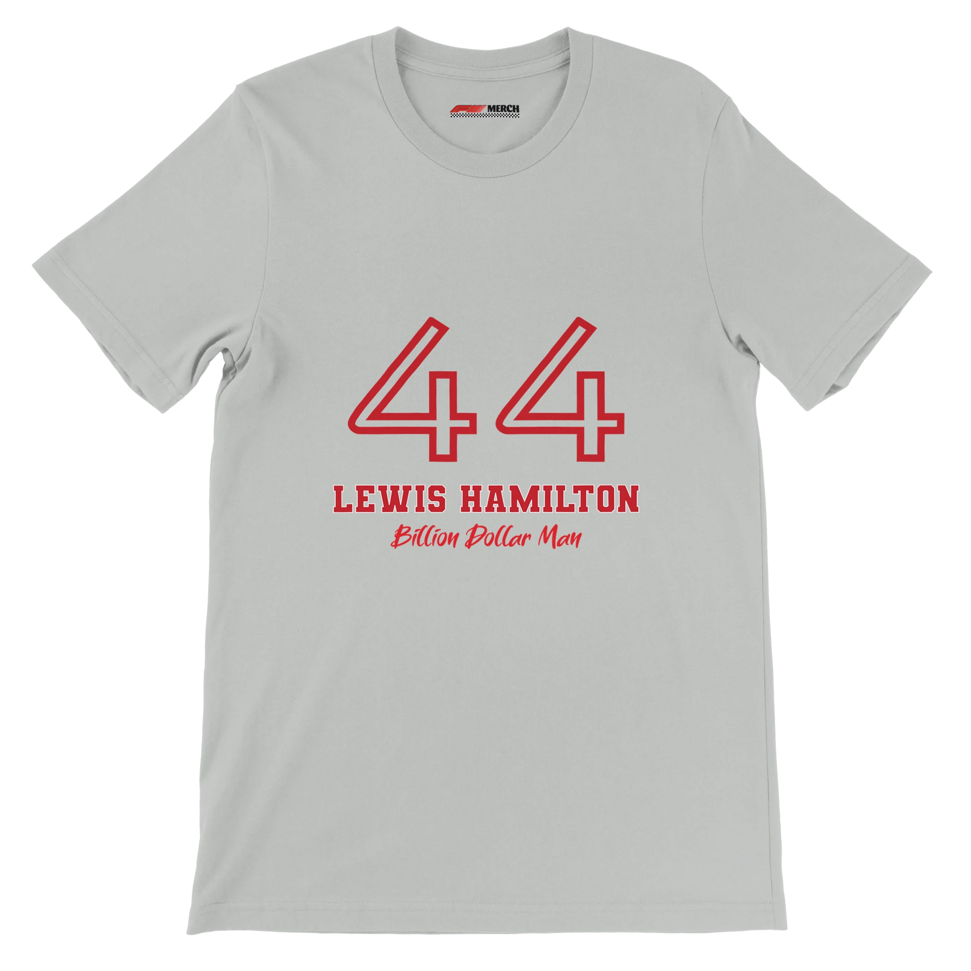 f111 merch silver color t-shirt1 with lewis-hamilton branding.