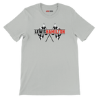 f111 merch silver color t-shirt1 with lewis-hamilton branding.