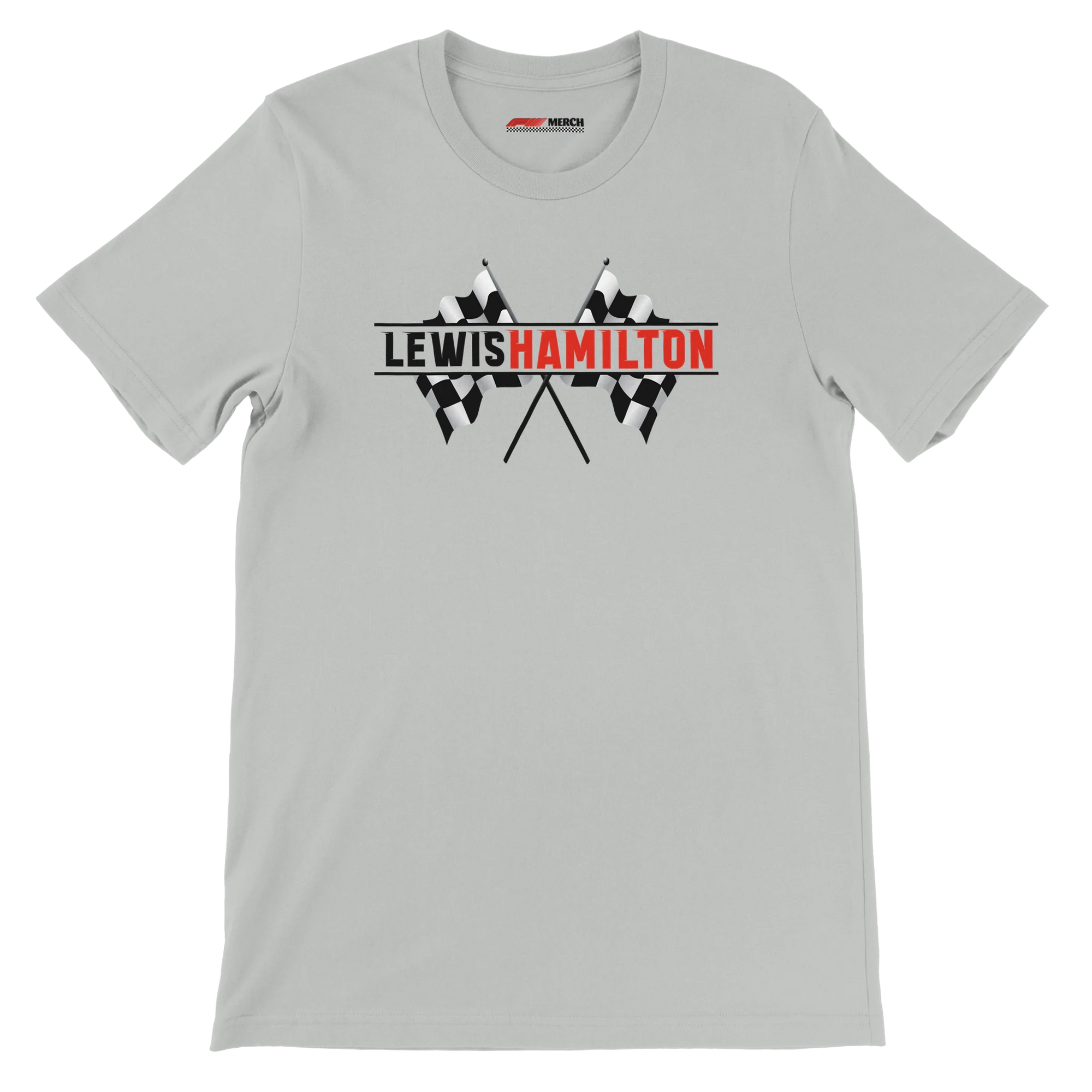 f111 merch silver color t-shirt1 with lewis-hamilton branding.