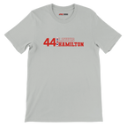 f111 merch silver color t-shirt1 with lewis-hamilton branding.