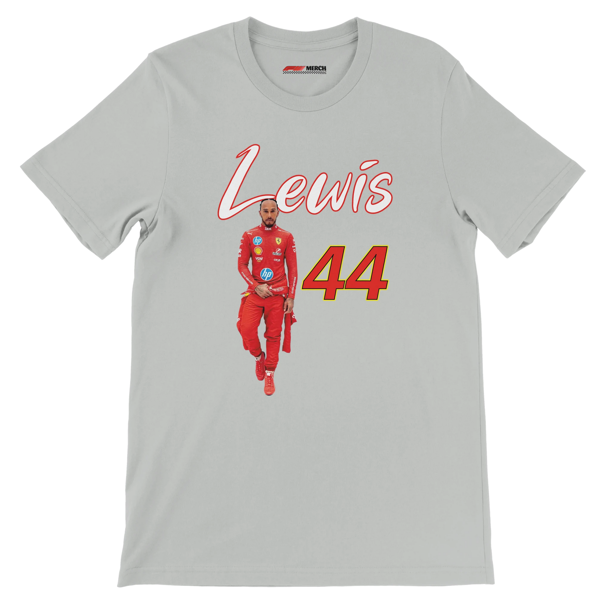 f111 merch silver color t-shirt1 with lewis-hamilton branding.