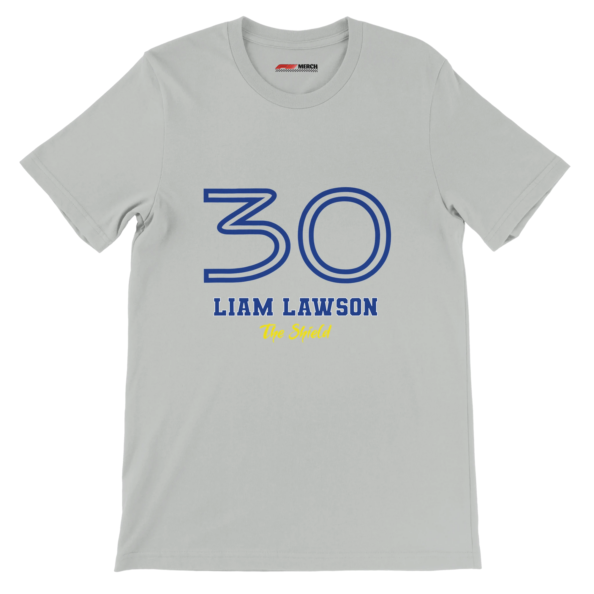 f111 merch silver color t-shirt1 with liam-lawson branding.