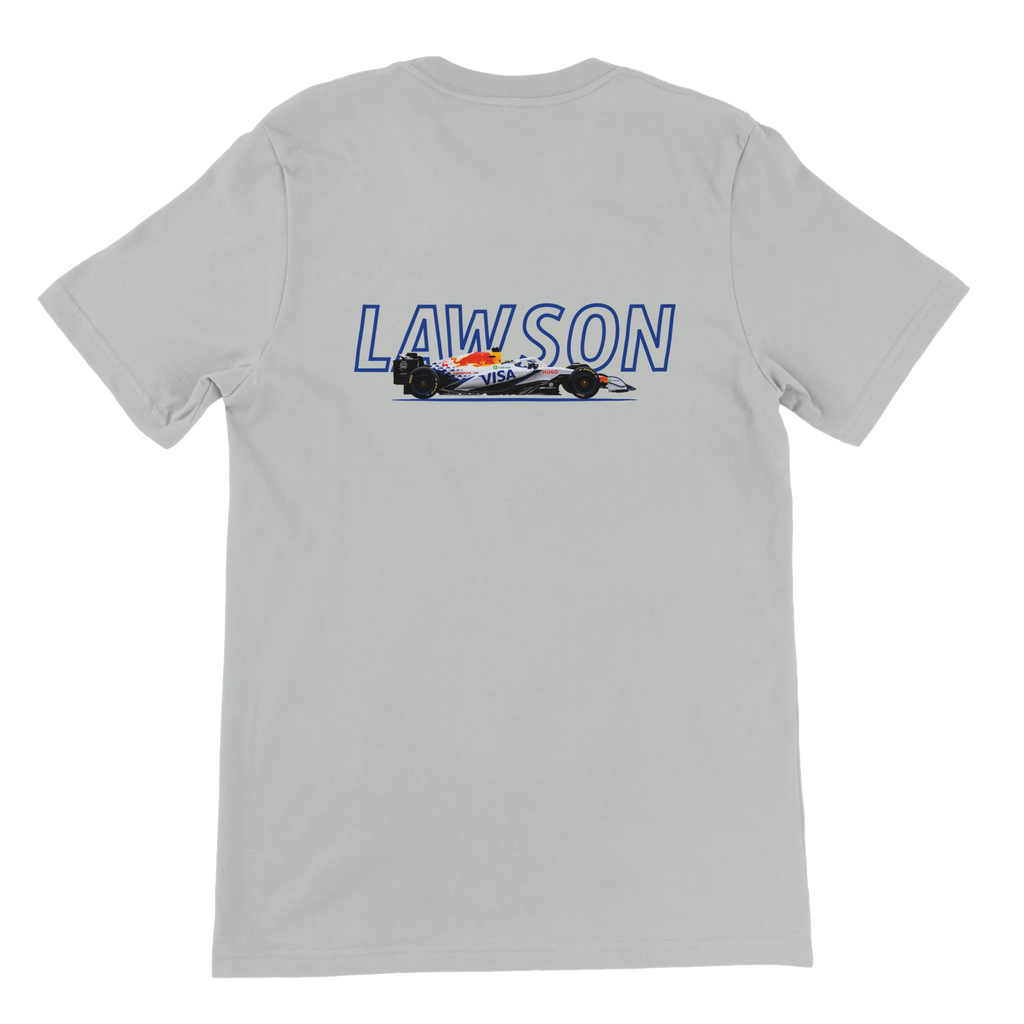 f111 merch silver color t-shirt1 with liam-lawson branding.