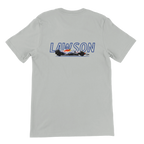 f111 merch silver color t-shirt1 with liam-lawson branding.