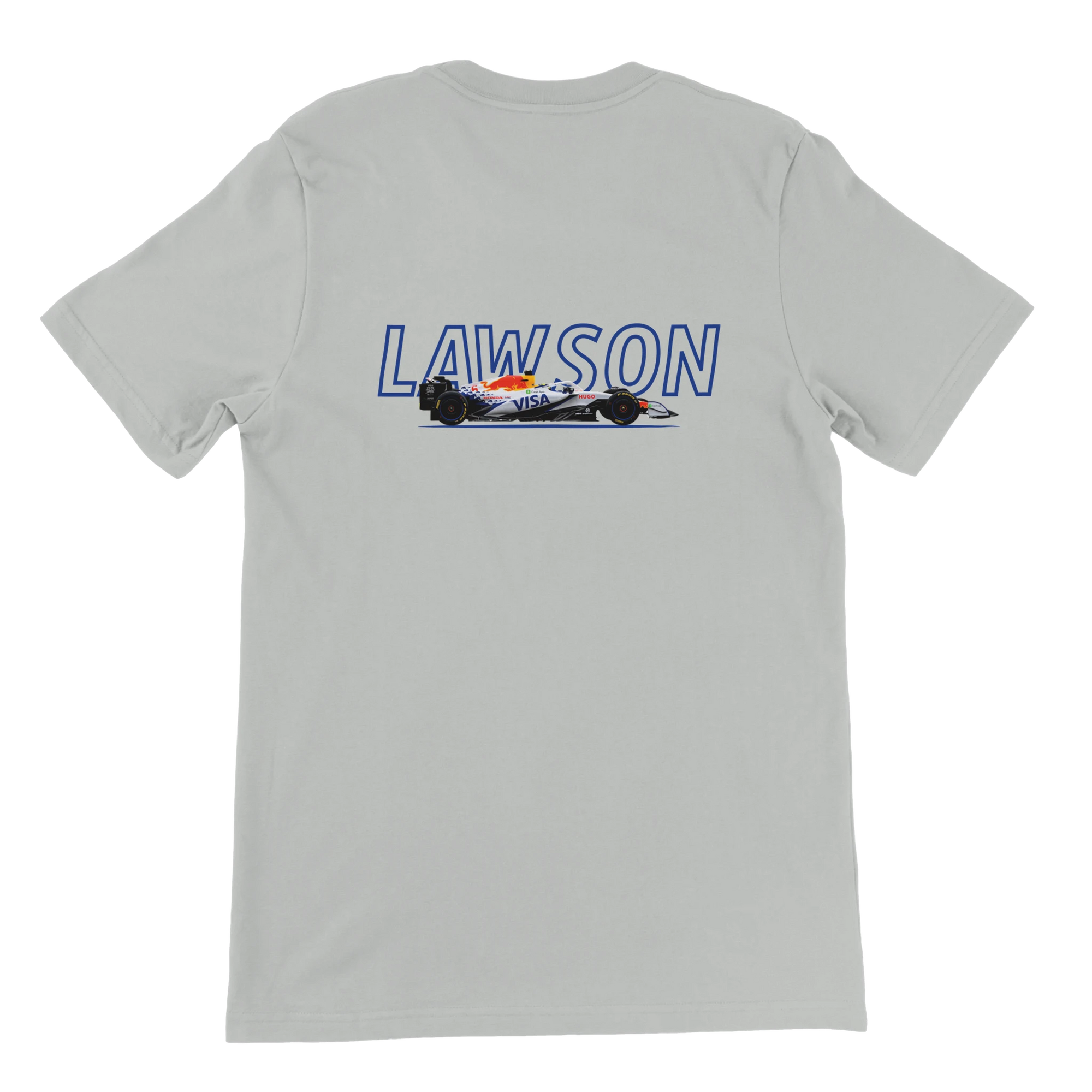 f111 merch silver color t-shirt1 with liam-lawson branding.
