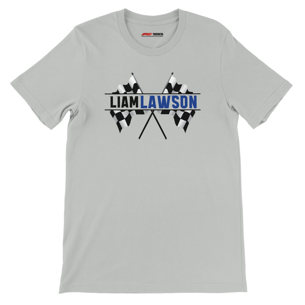 f111 merch silver color t-shirt1 with liam-lawson branding.