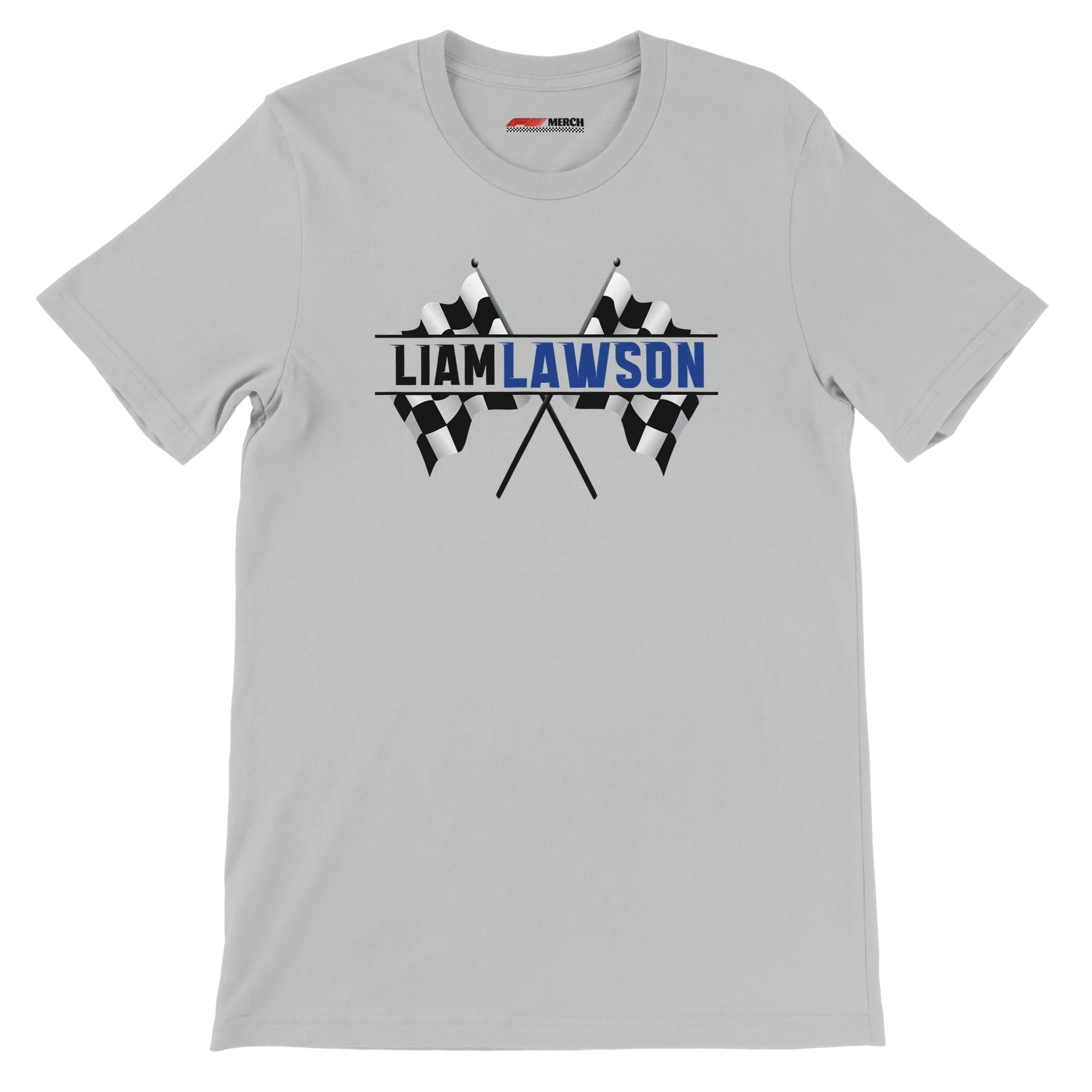 f111 merch silver color t-shirt1 with liam-lawson branding.