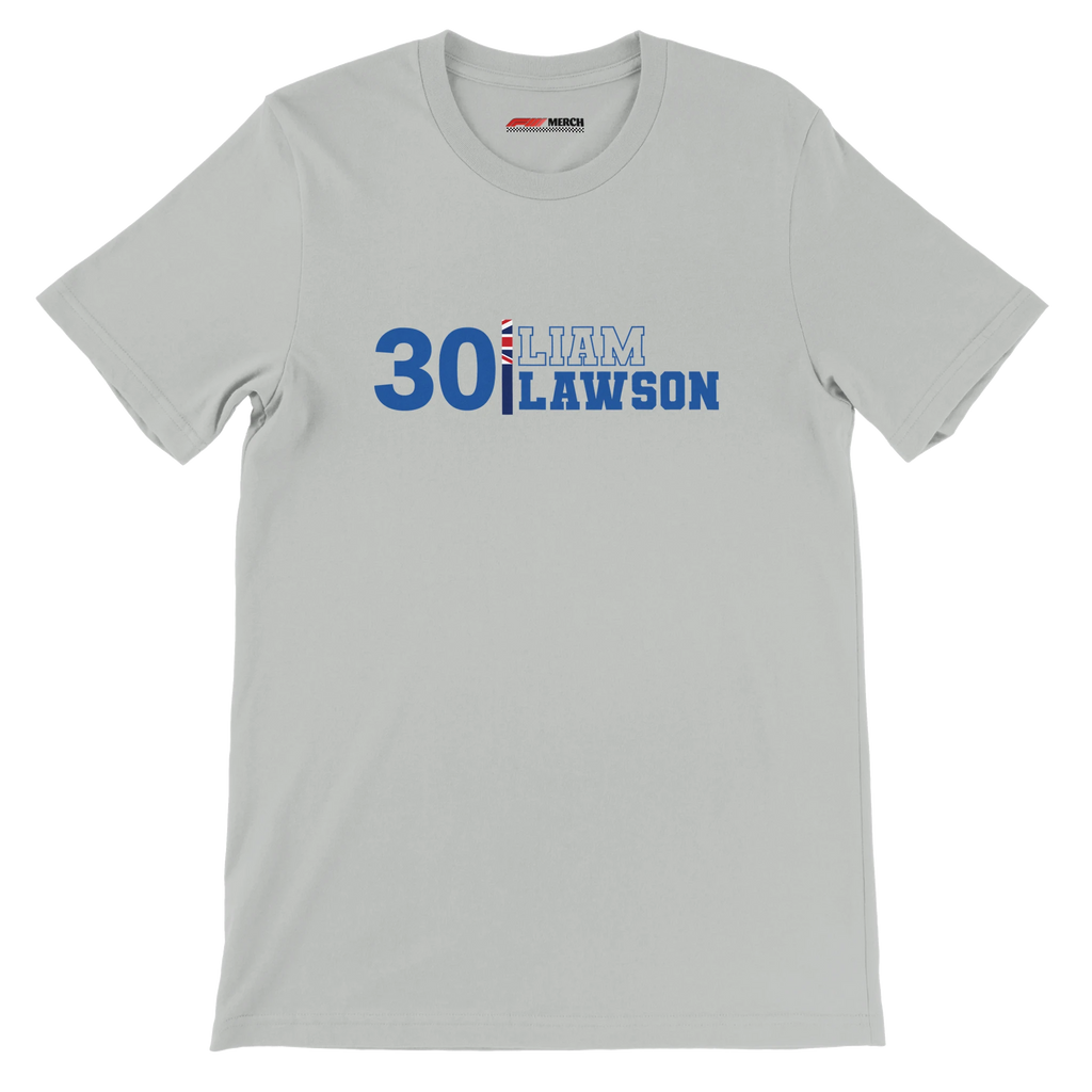 f111 merch silver color t-shirt1 with liam-lawson branding.