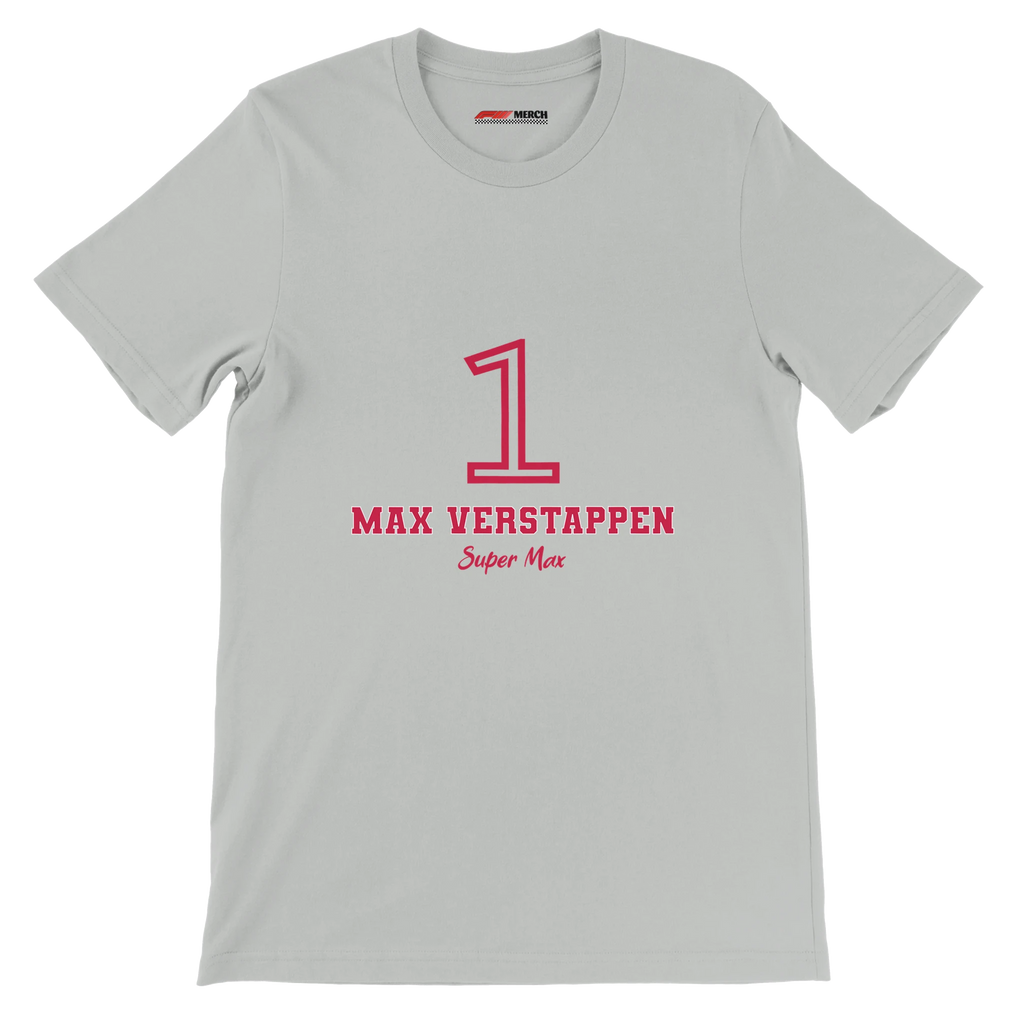 f111 merch silver color t-shirt1 with max-verstappen branding.