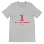 f111 merch silver color t-shirt1 with max-verstappen branding.