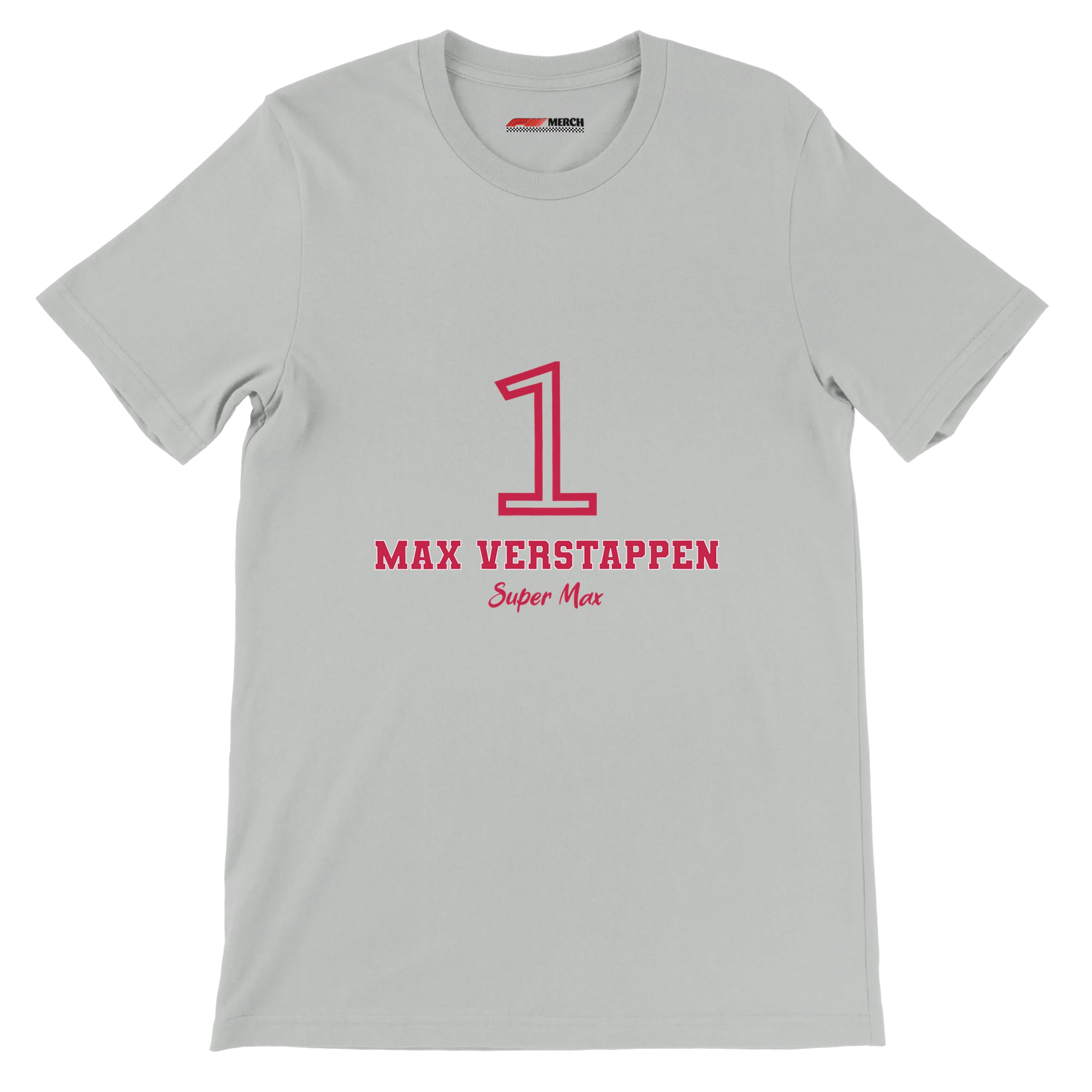 f111 merch silver color t-shirt1 with max-verstappen branding.