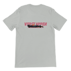 f111 merch silver color t-shirt1 with max-verstappen branding.