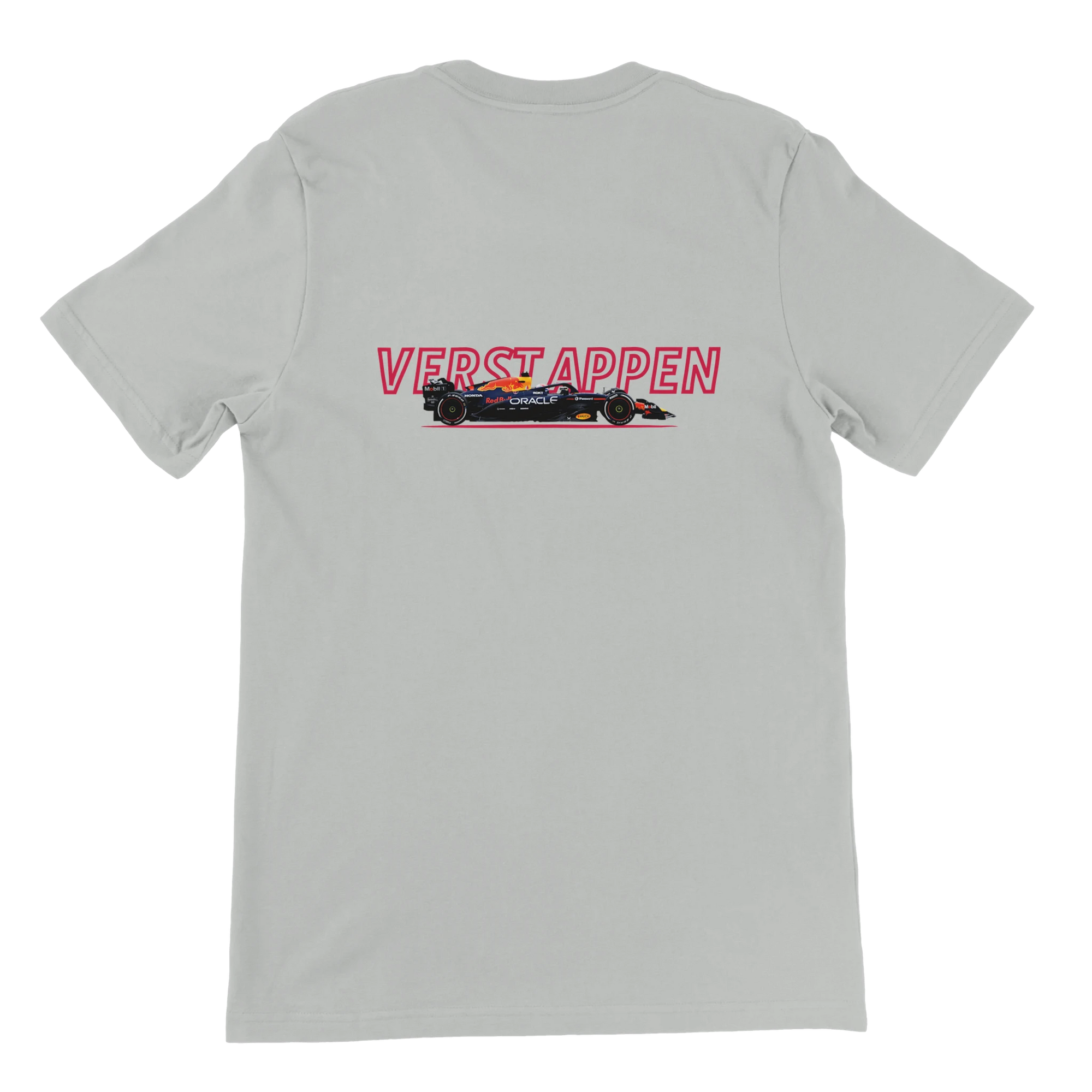 f111 merch silver color t-shirt1 with max-verstappen branding.