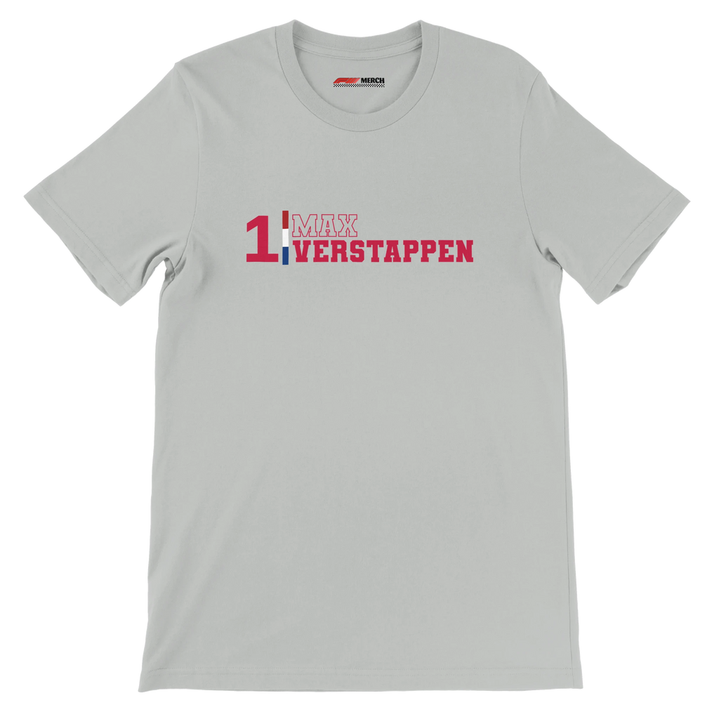 f111 merch silver color t-shirt1 with max-verstappen branding.