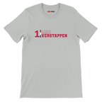 f111 merch silver color t-shirt1 with max-verstappen branding.