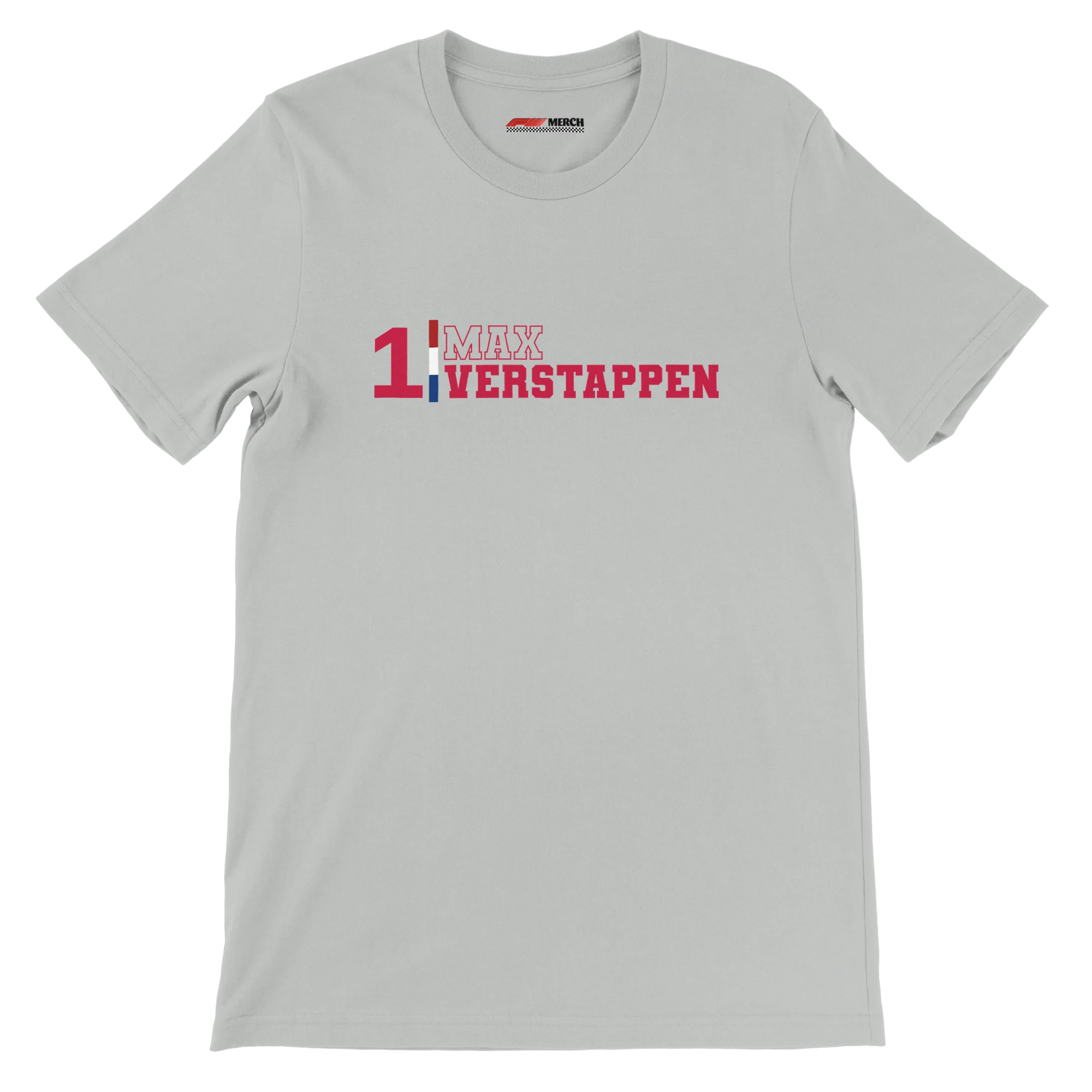 f111 merch silver color t-shirt1 with max-verstappen branding.