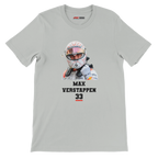 f111 merch silver color t-shirt1 with max-verstappen branding.