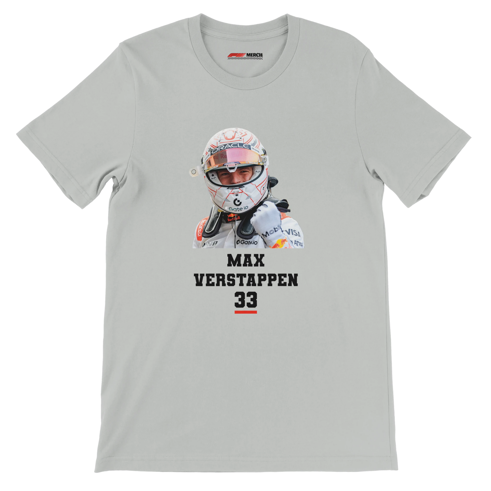f111 merch silver color t-shirt1 with max-verstappen branding.