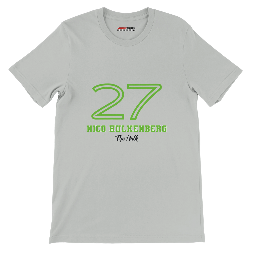 f111 merch silver color t-shirt1 with nico-hulkenberg branding.