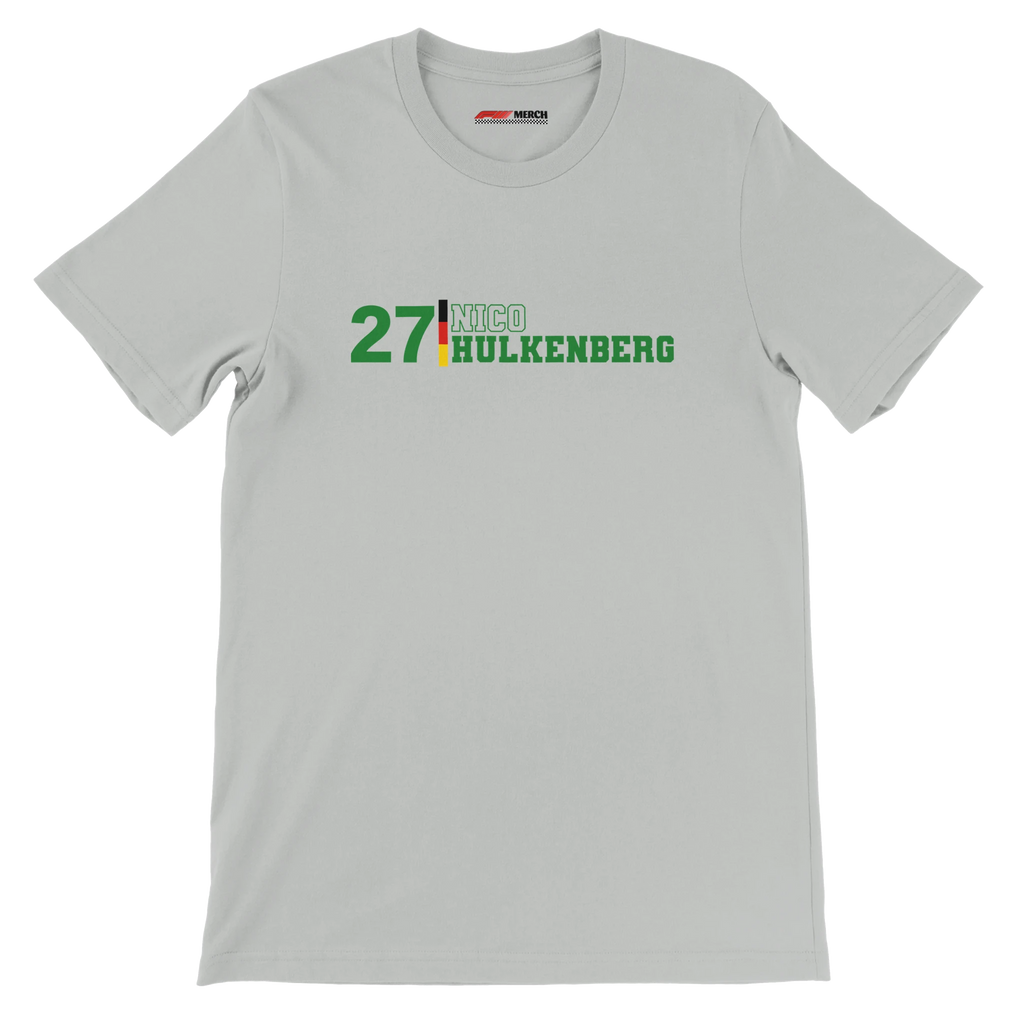 f111 merch silver color t-shirt1 with nico-hulkenberg branding.