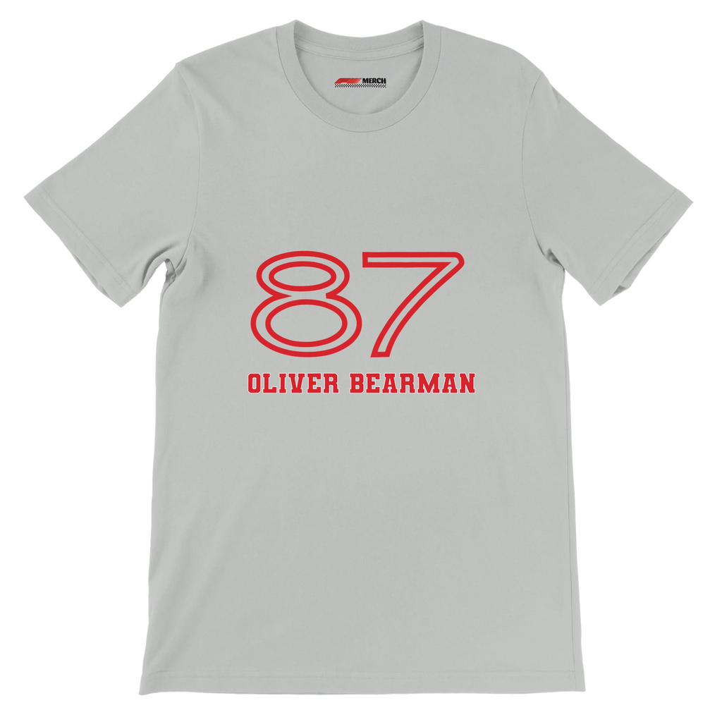 f111 merch silver color t-shirt1 with oliver-bearman branding.